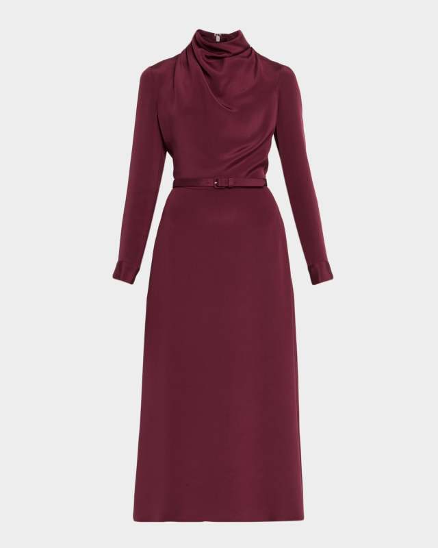 Amandine Draped Long-Sleeve Belted Midi Dress